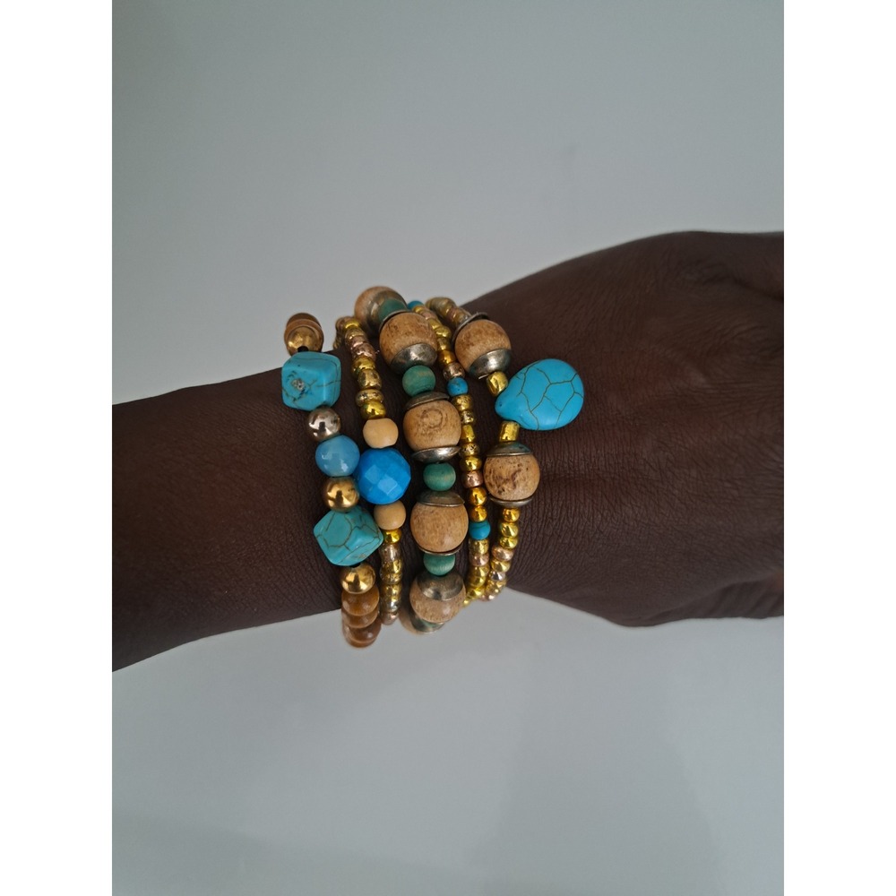 Boho Multi Strand Stretch Bracelet Set Faux Turquoise Wood Gold Tone Beads